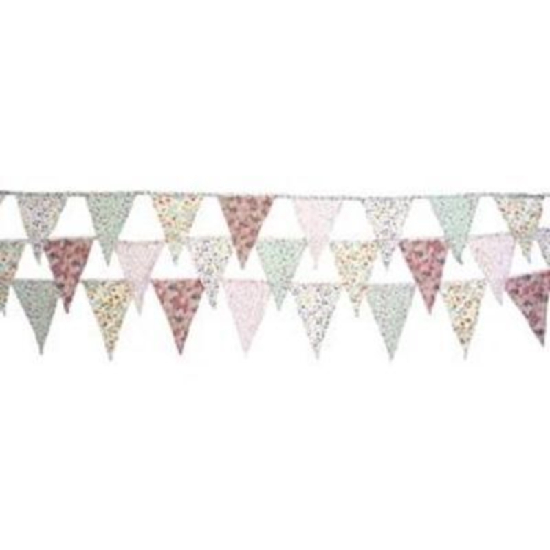 Vintage Country Floral Bunting by Transomnia. 3m of bunting in pretty florals, flags are alternating colours of pinks, blues and purples. Makes great decorations for parties or country style wedding. Each flag size 18x13cm. Length 3m